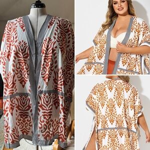 DAMAGED Meet Curve Orange Print Kimono Cover Up Batwing Sleeve Plus One Size